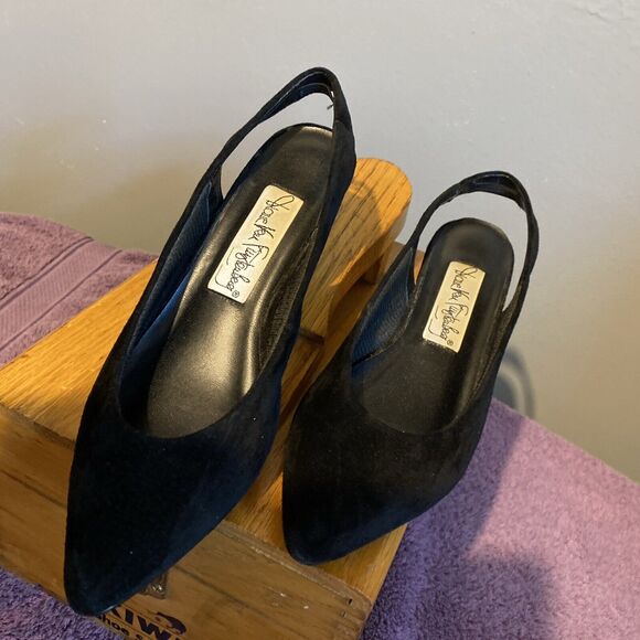 Diane Von Furstenberg Suede Kitten Sling Back 6 1/2 Black On Black - Picture 6 of 10